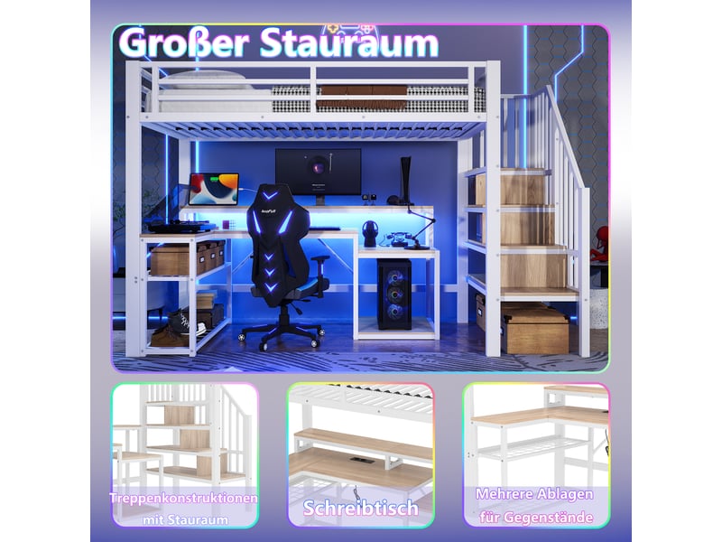  Lit mezzanine 90 x 200 cm sans matelas, structure métal, bureau, led, usb, escalier avec rangement, blanc  - Conforama E