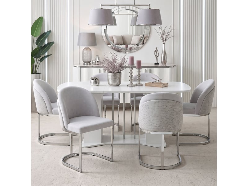  Ens table chaises 4-6 pers, table extensible 120/160cm blancargent + 6 chaises chenille grisargent, style moderne  - Conforama D
