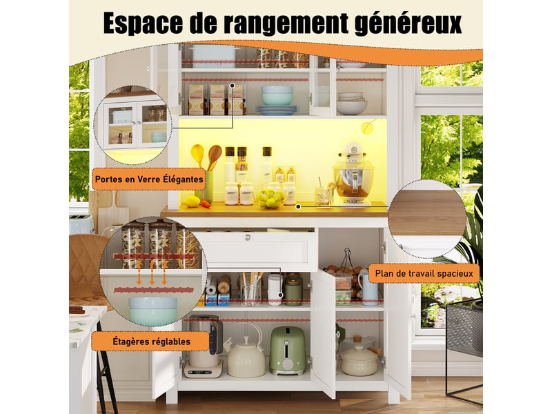  Buffet cuisine 6 portes et 3 tiroirs, 140 x 40 x 175 cm, éclairage led, étagères réglables et vaste plan de travail, mdf, noir Morn Vibe - Conforama E
