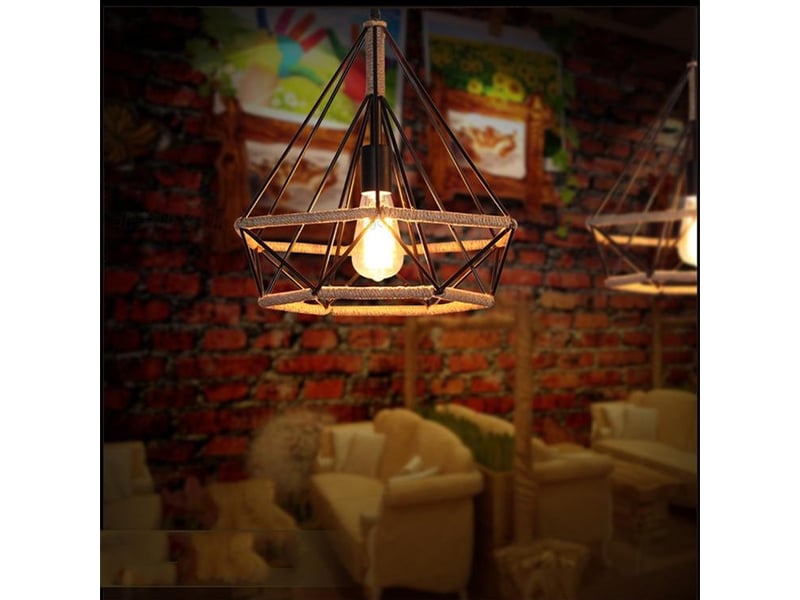  Suspension industrielle design 3 lampes diamant chanvre corde métal  - Conforama C