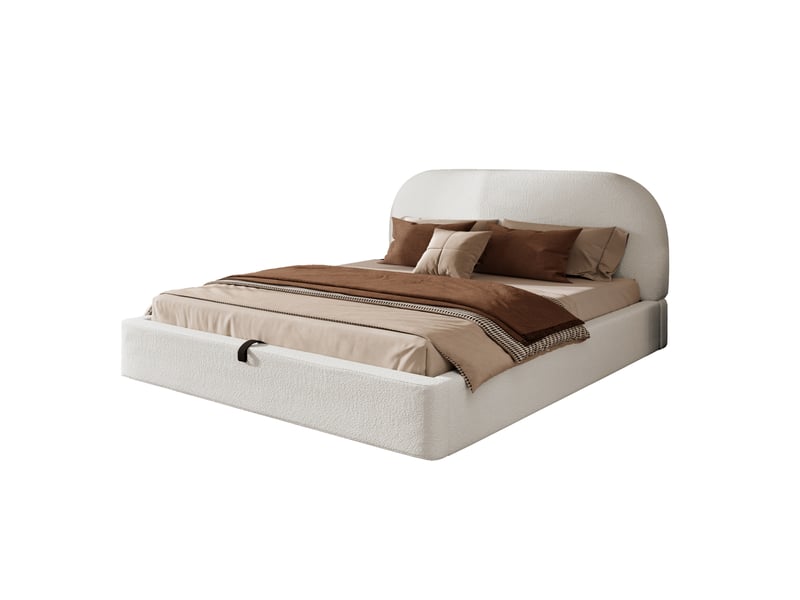  Elvmi lit coffre double 180x200 cm en bouclé beige avec sommier à lattes et matelas inclus, coffre de rangement hydraulique, tête de lit rembourrée 13,5 cm, structure encastrée stable, housses amovibles et lavables, coins arrond…  - Conforama D