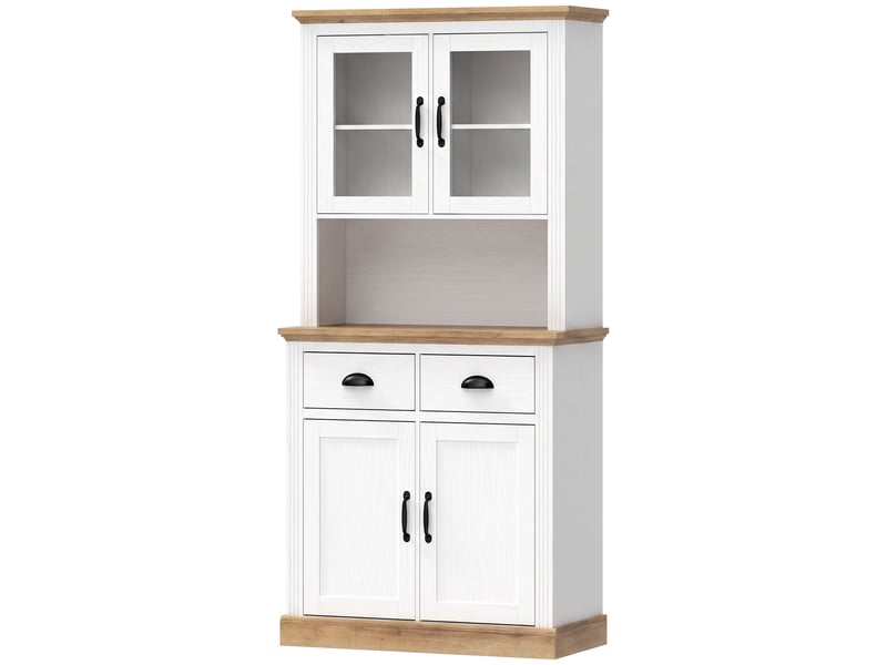  Buffet haut cuisine, armoire cuisine, 4 portes dont 2 en verre, 2 tiroirs, étagères réglables, plan de travail, blanc  - Conforama B