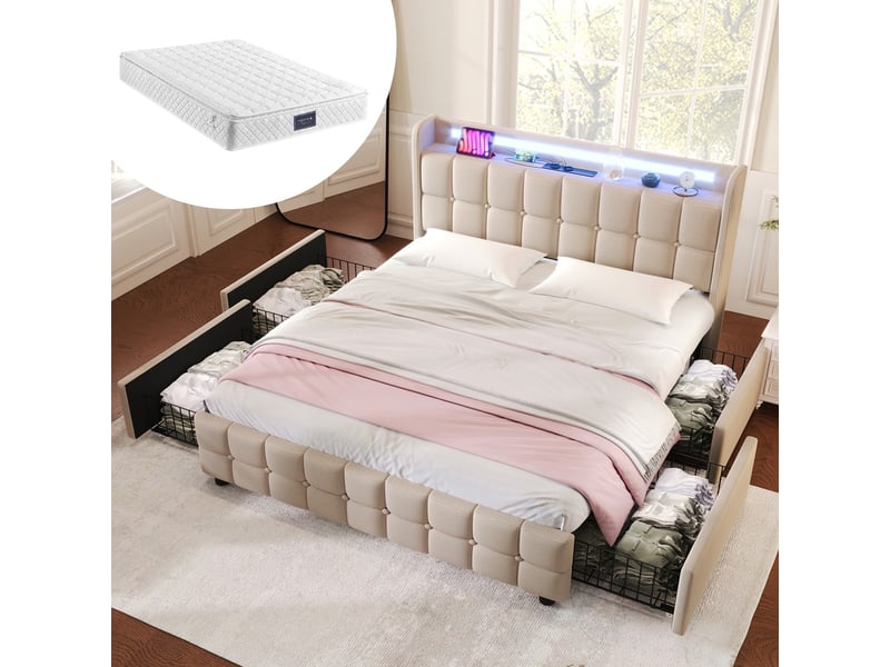  Lit avec rangement 160x200cm avec matelas sommier bois led usb c 4 tiroirs beige  - Conforama B