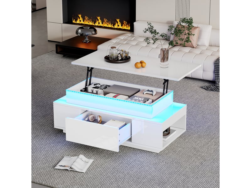  Table basse relevable blanche avec rangement caché, plateau hydraulique et éclairage led, 96x45x40cm  - Conforama C
