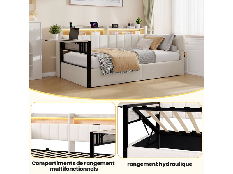Canapé-lit coffre 90 x 200 cm - avec bande lumineuse led - avec table pliante - tables de chevet interchangeables - port usb - tissu velours - blanc (matelas non inclus) - Conforama R