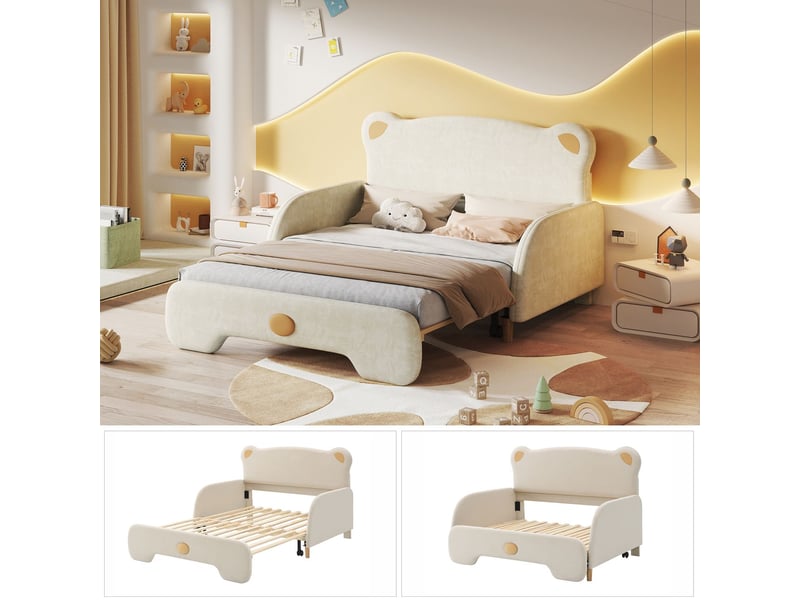  Lit enfant 140x200, sécurité optimale lit cabane enfant, extérieur peluche velours, structure bois massif, lit gigogne intégré  - Conforama D