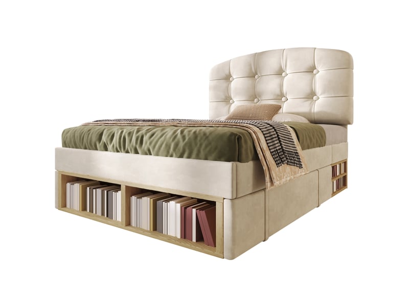  Modenvie lit simple capitonné 90x200 cm - tête de lit réglable, rangement intégré, sans matelas - beige  - Conforama A