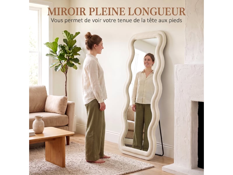  Miroir pleine longueur 160 x 60 cm, miroir ondulé sur pied ou mural, cadre effet velours et verre trempé, crème  - Conforama E