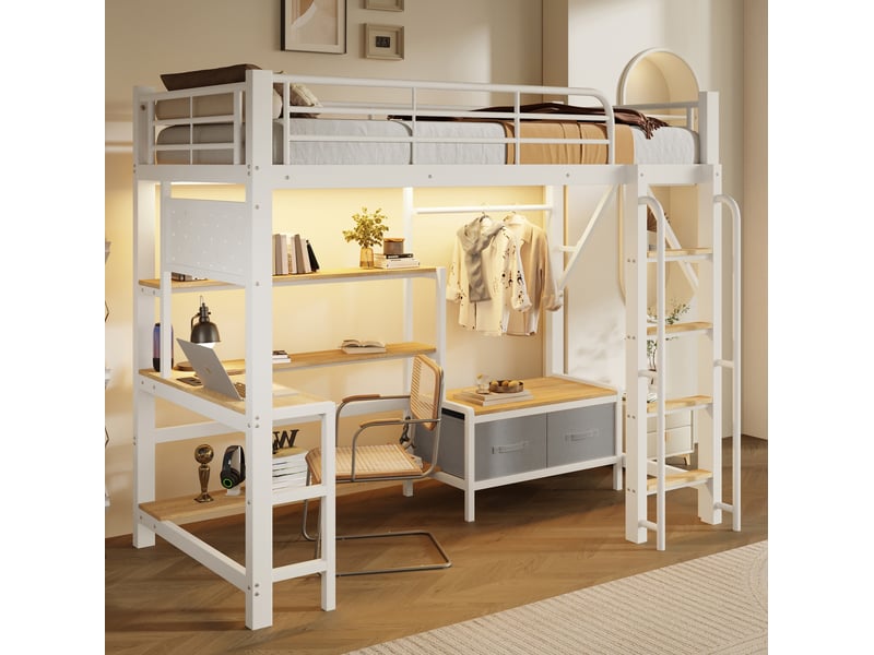  Lit mezzanine 90x200 cm avec rangements et led en métal et mdf blanc  - Conforama D