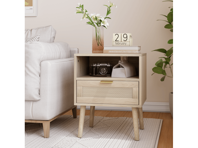  Table de chevet  45 x 40 x 55,5 cm avec tiroir en rotin, niche ouverte, décor chêne  - Conforama D