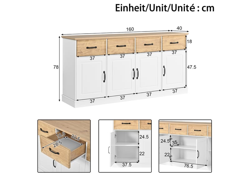  Buffet 4 portes et 4 tiroirs blanc 160 × 40 × 78 cm IKSETERA TRADING LTD - Conforama C