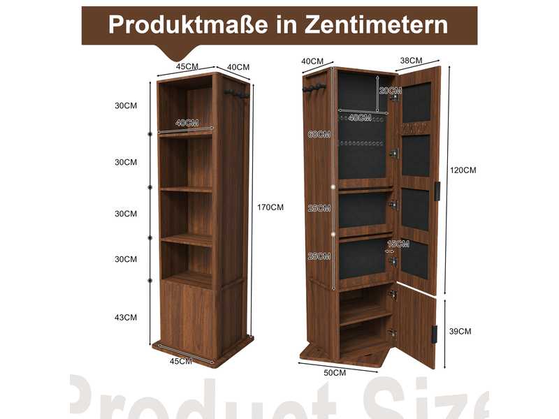  Armoire à bijoux pivotante 360° avec miroir, rangement 4-en-1, noyer foncé  - Conforama C