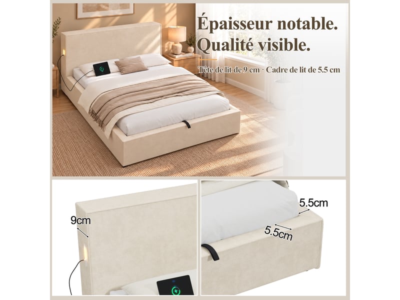  Lit rembourré, lit simple, lit enfant 120 x 200 cm, lit à réglage hydraulique, sommier à lattes, tête de lit rembourrée avec grand espace de rangement, chenille beige  - Conforama E
