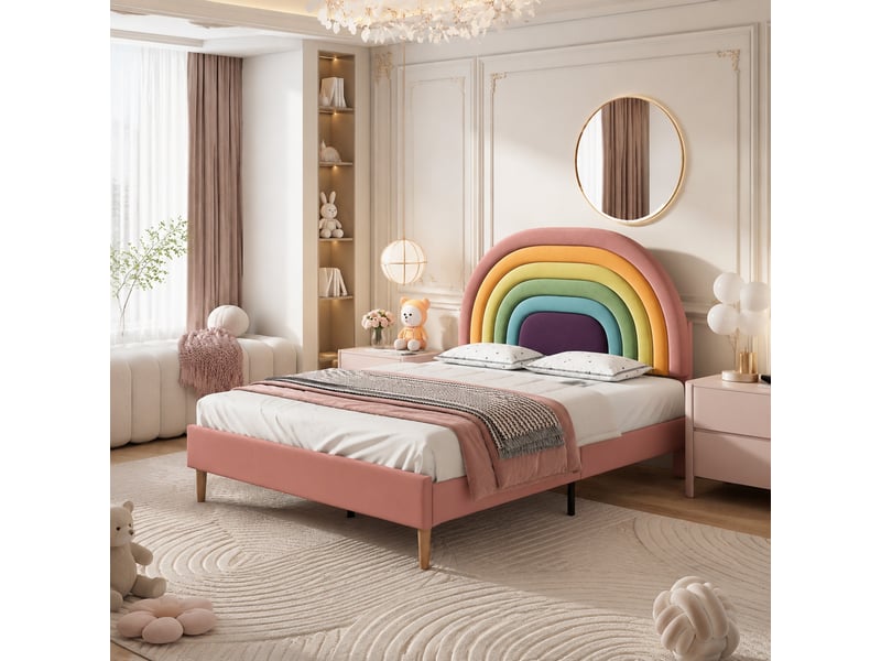 Lit double 200×140 cm avec tête de lit réglable et sommier à lattes, sans matelas, en velours rose - Conforama B
