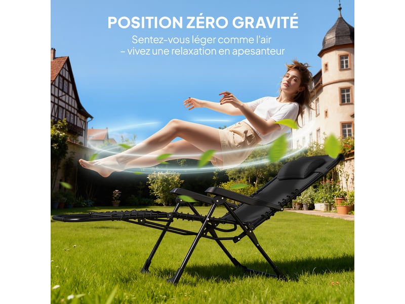  Lot de 2 chaise longue pliable et inclinable avec table d'appoint, porte-gobelets et appuie-têtes, charge 120 kg, noir  - Conforama E