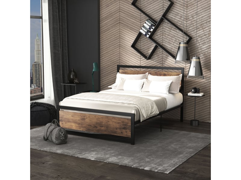  Cadre de lit double industriel avec sommier et tête de lit, compatible matelas 140 x 190 cm  - Conforama D