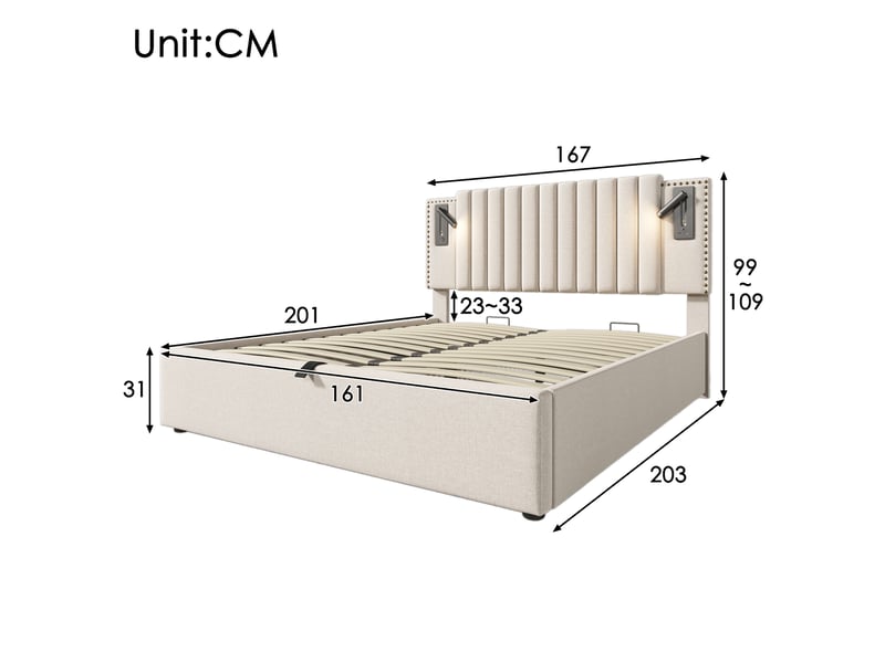  Lit coffre 160x200 cm avec liseuse, charge usb et type c, tête de lit à rivets, beige, avec matelas  - Conforama E
