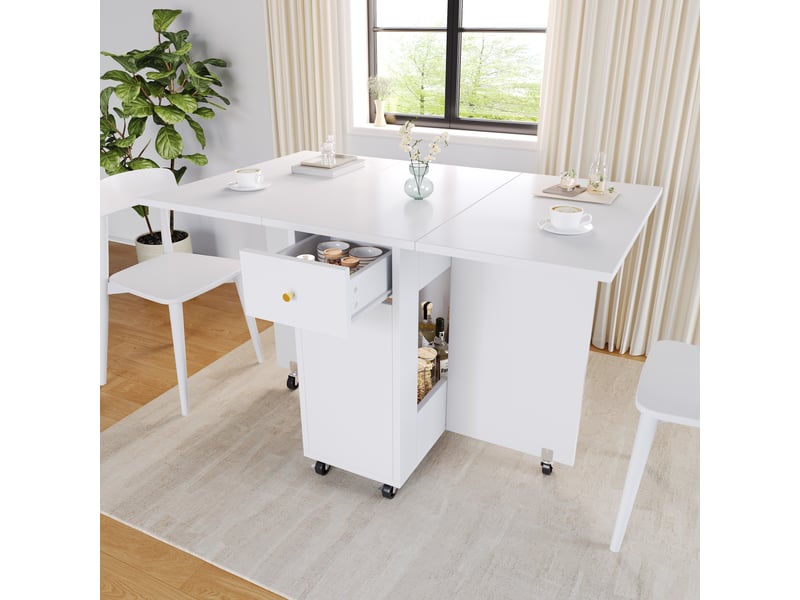  Table à manger 120x75x75 cm,table pliante rangement ouvert, 2 tiroirs, roulettes avec frein, pour 2-4 personnes, salon et salle à manger, blanc CozyNest - Conforama E