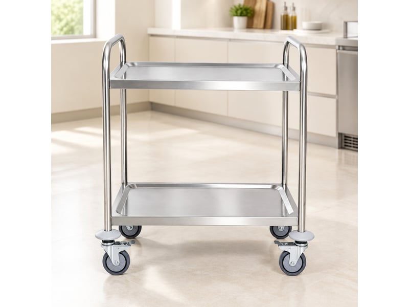  Desserte de cuisine à 2 niveaux sur roulettes en acier inoxydable chromé, gris  - Conforama D