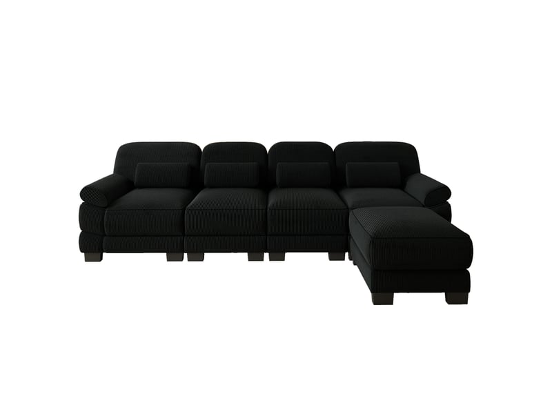  Canapé d’angle modulable 4 places en velours côtelé noir avec pouf assorti, assise profonde et configuration en l ou en u  - Conforama A