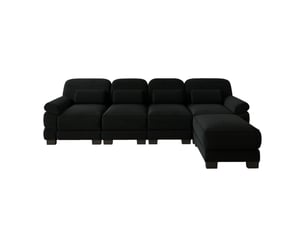 Canapé d’angle modulable 4 places en velours côtelé noir avec pouf assorti, assise profonde et configuration en l ou en u