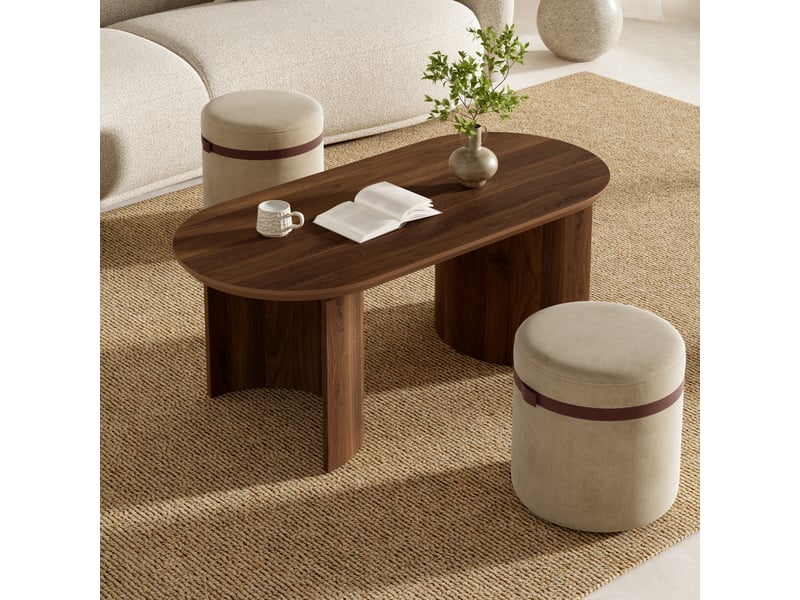Table basse ovale avec 2 tabourets rembourrés, plateau mdf, style moderne pour salon, noyer 108 × 50 × 44 cm - Conforama D