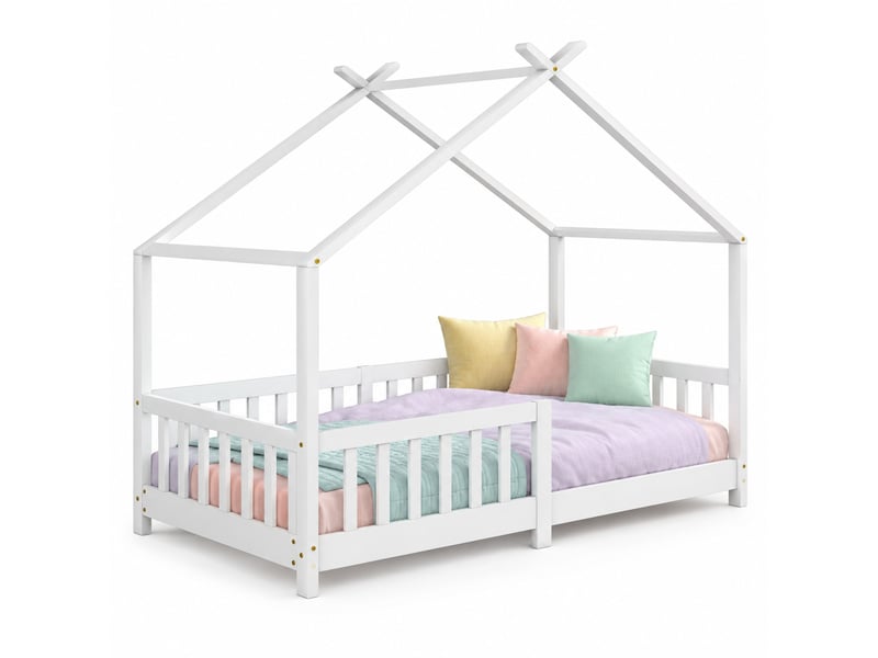  Lit cabane en bois massif, lit simple avec barrières et toit triangulaire, 200x90 cm, sans matelas, blanc  - Conforama A