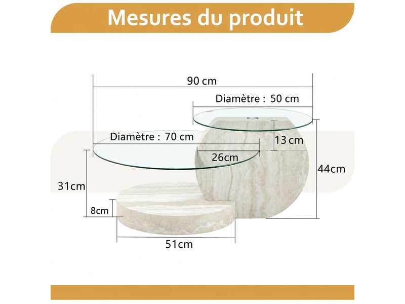  Table basse en verre trempé, table de salon ronde 2 niveaux, structure en mdf gris clair, design moderne et minimaliste  - Conforama C