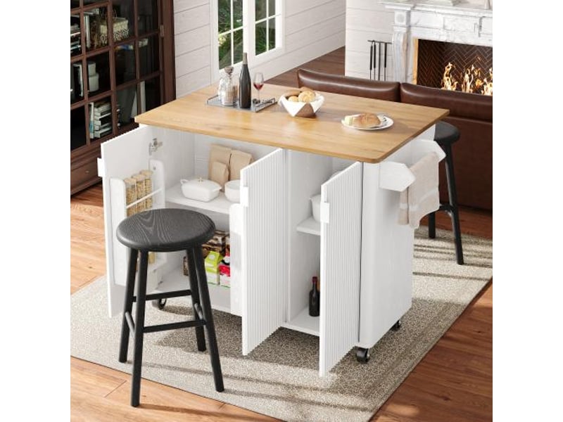  Île de cuisine sur roulettes, buffet 3 portes, plan de travail extensible, rangement ajustable et porte-serviettes  - Conforama E