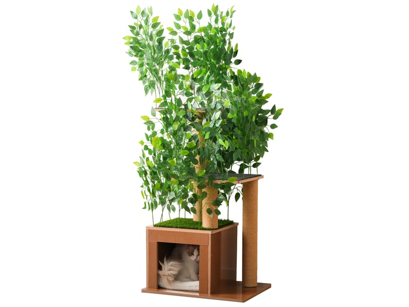 Cat tree design arbre 158cm avec 3 plateformes & niche, mdf étanche & anti-rayures, feuilles amovibles, matériau sécurisé - vert & naturel BUBBLY - Conforama A