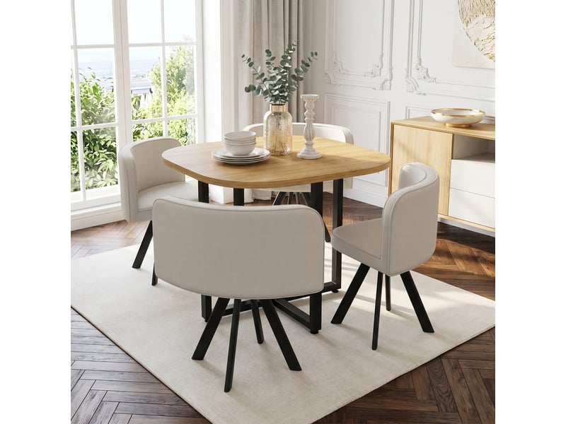  Set table à manger 85x85x74cm + 4 chaises en lin, plateau chêne, pour cuisine et salle à manger, pour 4 personnes, beige+chêne BUYDEEMEUS - Conforama E