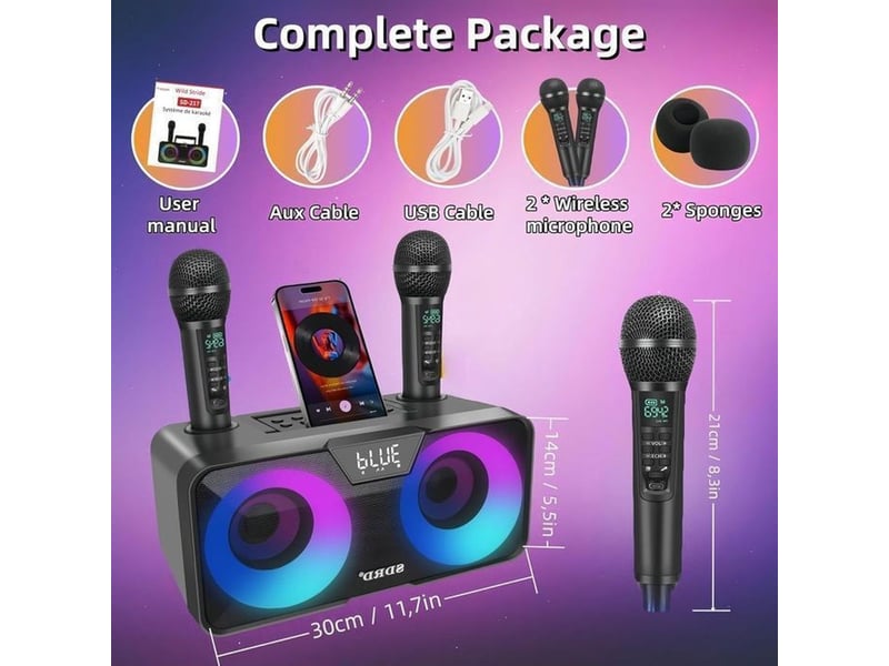  Systeme karaoke portable 30w bluetooth 5.0 2 micros uhf sans fil  - Conforama E