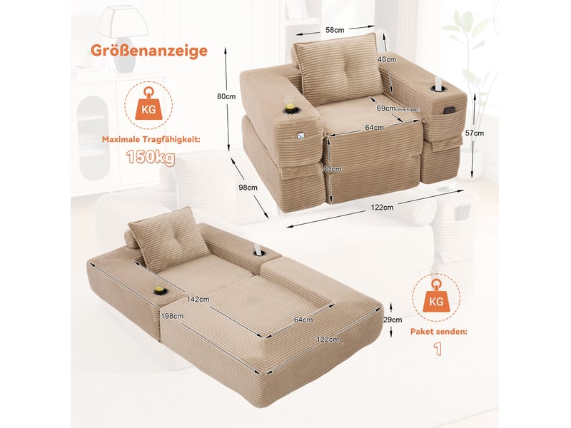  Canapé droit convertible 1 place en velours côtelé beige, avec poche latérale, porte-gobelet et accoudoirs zippés  - Conforama C