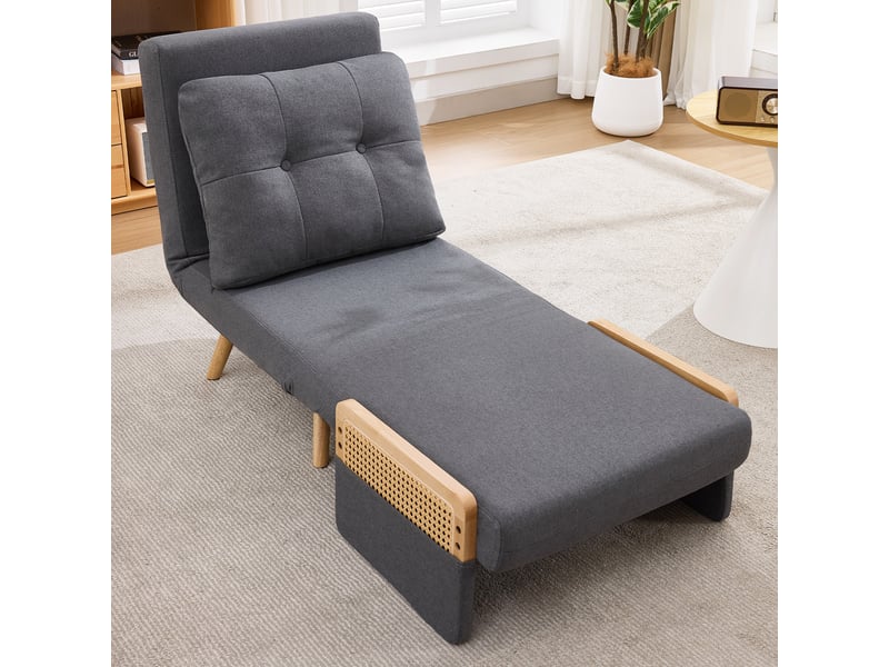  Fauteuil convertible 3 en 1 avec dossier inclinable, accoudoirs en rotin et coussin, en lin gris  - Conforama E