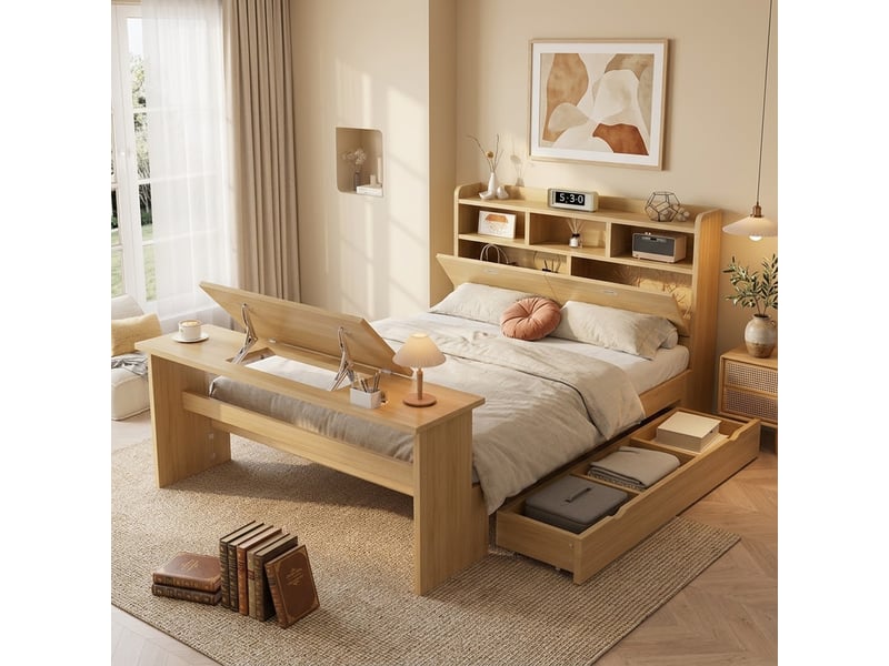  Lit enfant avec rangement, tête de lit étagère, tiroir et table pliante réglable, 140 x200cm, bois naturel  - Conforama C