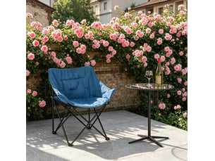 Chaise de camping pliable bleue et noire, rembourrée en tissu, structure métal, facile à transporter