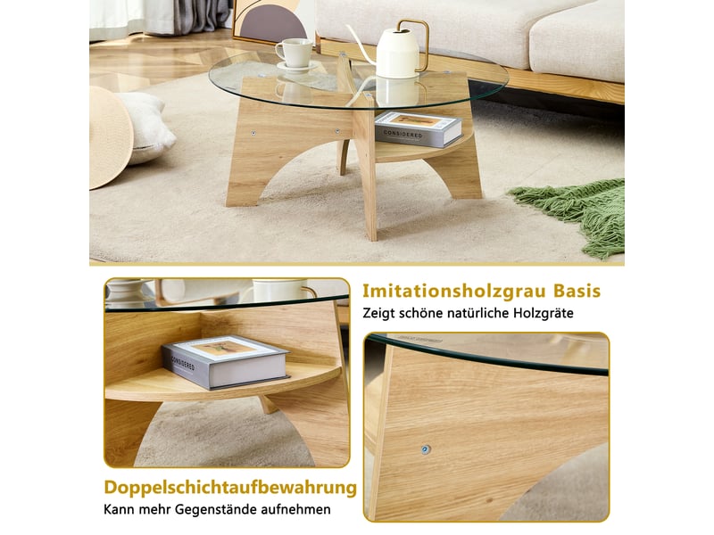  Table basse ronde en verre, diamètre 80 cm, pieds en mdf aspect bois naturel  - Conforama R