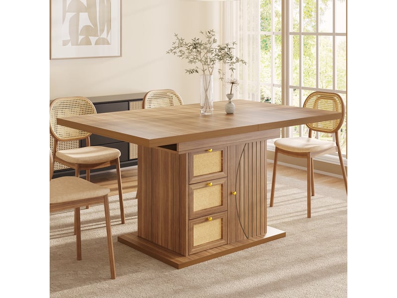  Table à manger extensible 110-140 x 80 x 76 cm, avec 3 tiroirs et placard fermé, façades aspect rotin, poignées dorées, marron  - Conforama D