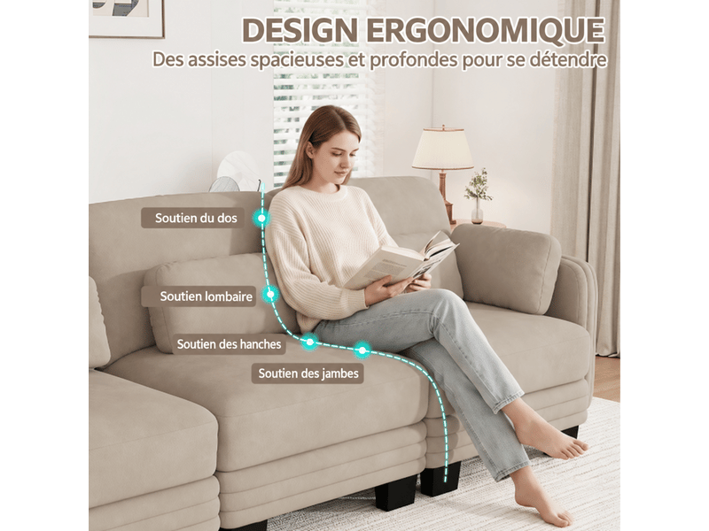  Canapé droit modulable 3 places 253x88x88 cm, assise profonde, coussins lombaires et d’accoudoirs, en tissu chenille marron clair  - Conforama E
