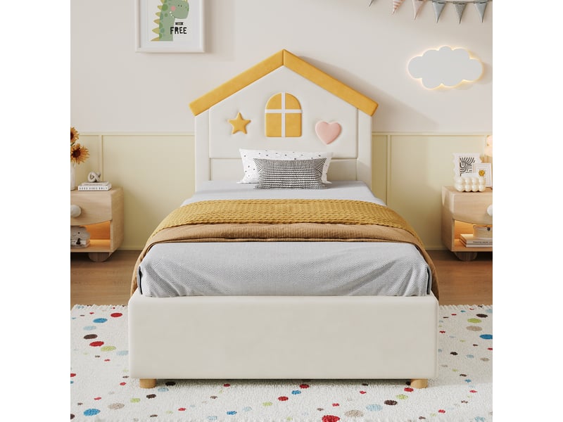  Lit 90 x 200 cm en velours avec 4 tiroirs - lit rembourré sommier à lattes et dossier - style enfant, beige  - Conforama E