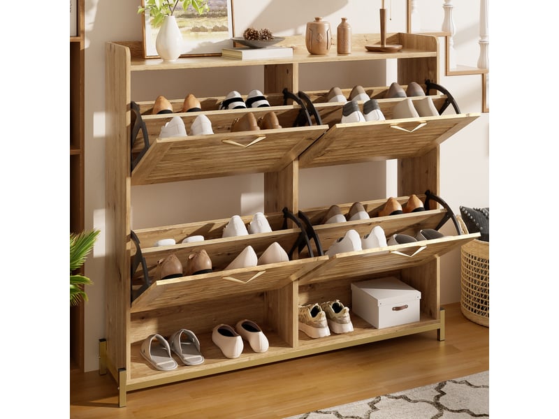  Meuble à chaussures moderne, 4 portes à lattes, cadre métallique, étagère, 108,5×24×100 cm  - Conforama B