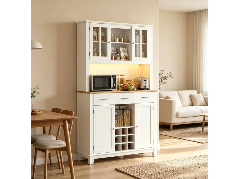  Buffet haut de cuisine avec éclairage led rgb, blanc et chêne, 100 x 39,5 x 180 cm  - Conforama B