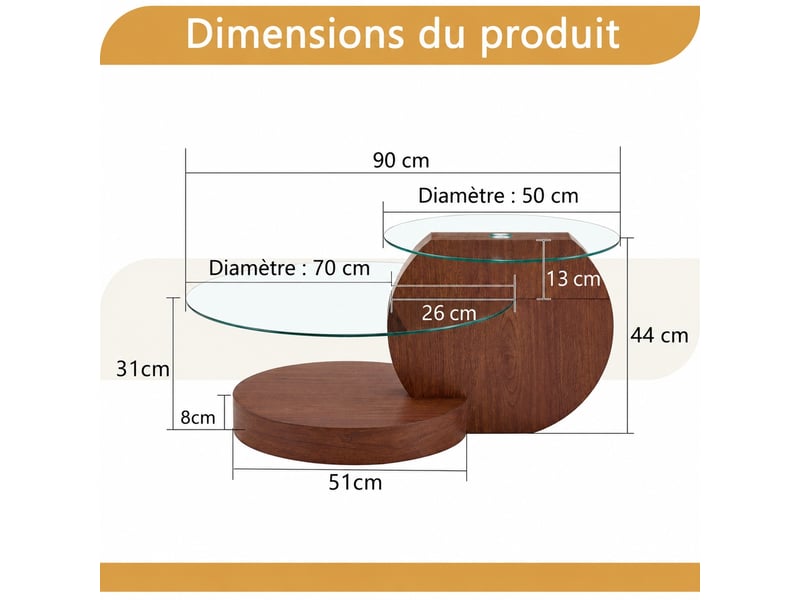  Table basse double plateau en verre de sécurité muvano, structure en mdf avec finition aspect bois de noyer, 90x70x44 cm  - Conforama E