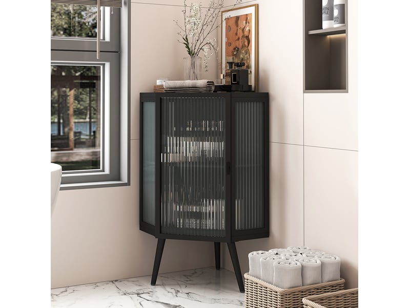  Armoire de rangement tcqpz sur pied 56 x 42,5 x 80 cm 2 niveaux métal verre trempé noir  - Conforama D