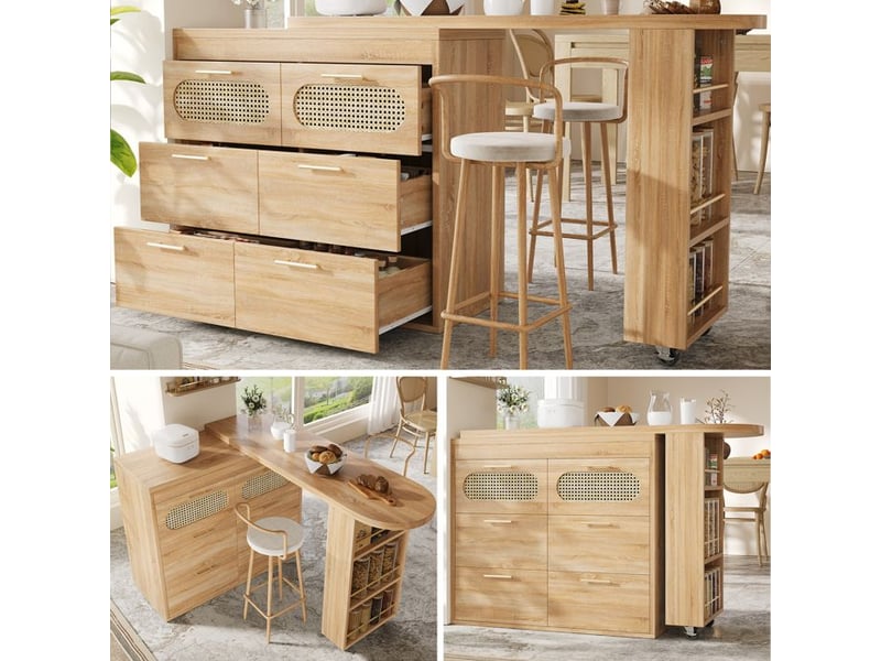  Table de bar pivotante - pivotant à 360° - sécurité anti-basculement - 6 tiroirs spacieux - portes en rotin pe naturel - Conforama B