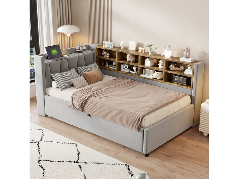  Lit coffre 90x200 cm en velours gris clair avec veilleuse et ports usb  - Conforama D