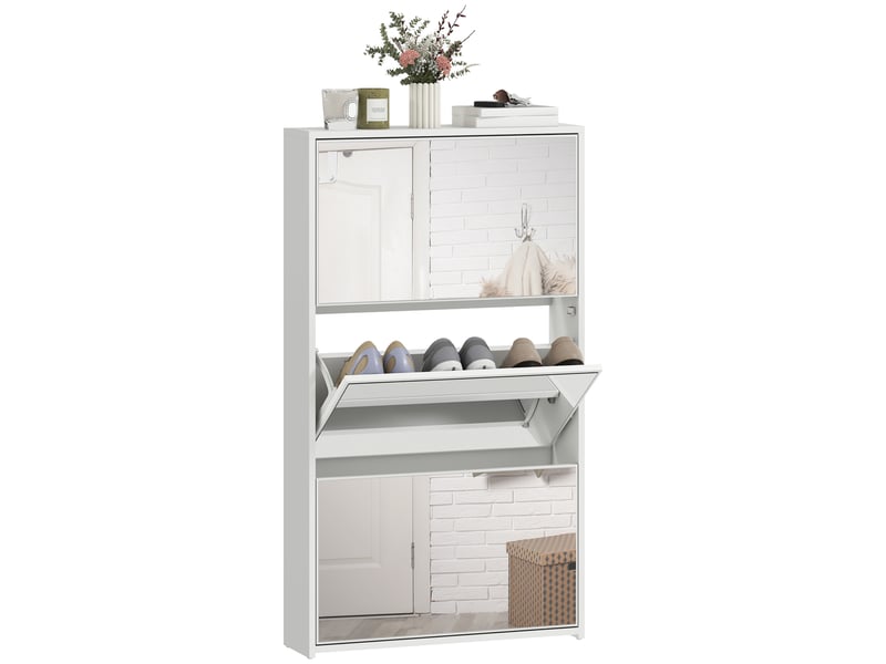  Étagère à chaussures miroir avec 3 tiroirs à abattants pour 9 paires de chaussures, en bois, 65 x 17 x 114,5 cm, blanche  - Conforama A