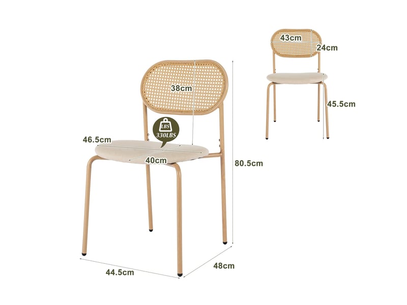 Lot de 2 chaises de salle à manger, design bohème pour cuisine salon, dossier rotin naturel, assise rembourrée, naturel - Conforama E