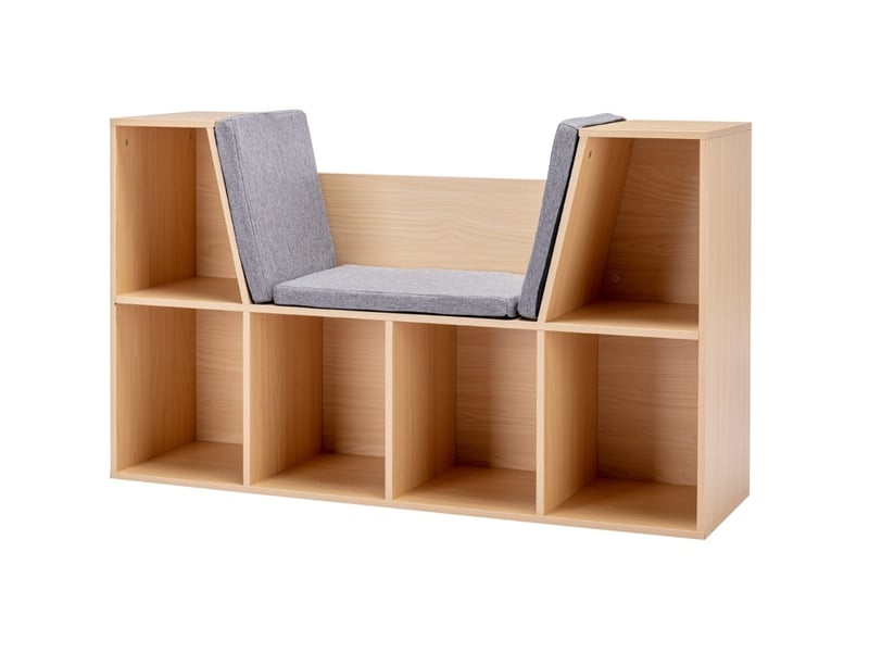  Bibliothèque enfant avec banc 103x30x62 cm – gris et naturel – 6 compartiments et 3 coussins  - Conforama A