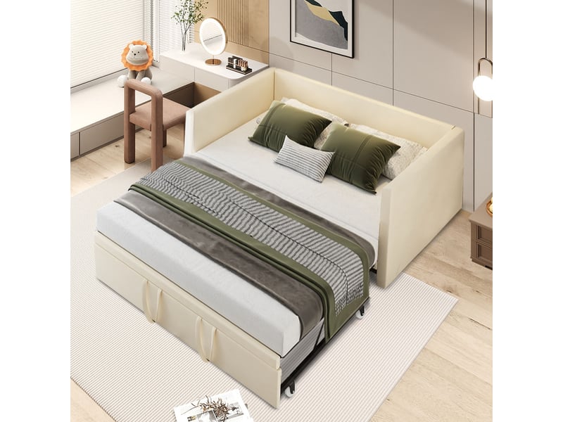  Lit de repos extensible, 90180 x 200 cm, canapé-lit, lit capitonné, revêtement en tissu lin, canapé-lit pour 2 adultes, sans matelas, beige  - Conforama W